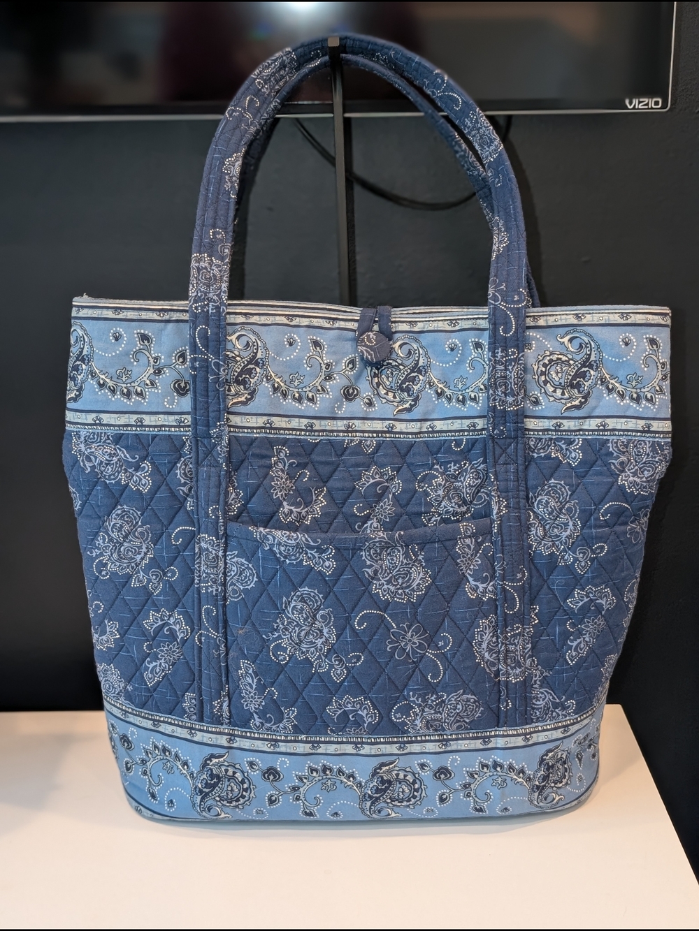 Quilted Tote with Navy and Light Blue Paisley Pattern
